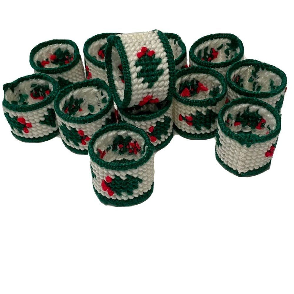 12- Vtg Christmas Holiday Napkin Rings Handmade Plastic Canvas Needlepoint Holly